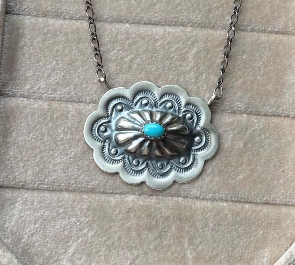 Lavina Benally Navajo Handmade Sterling Silver Kingman Turquoise Concho Necklace